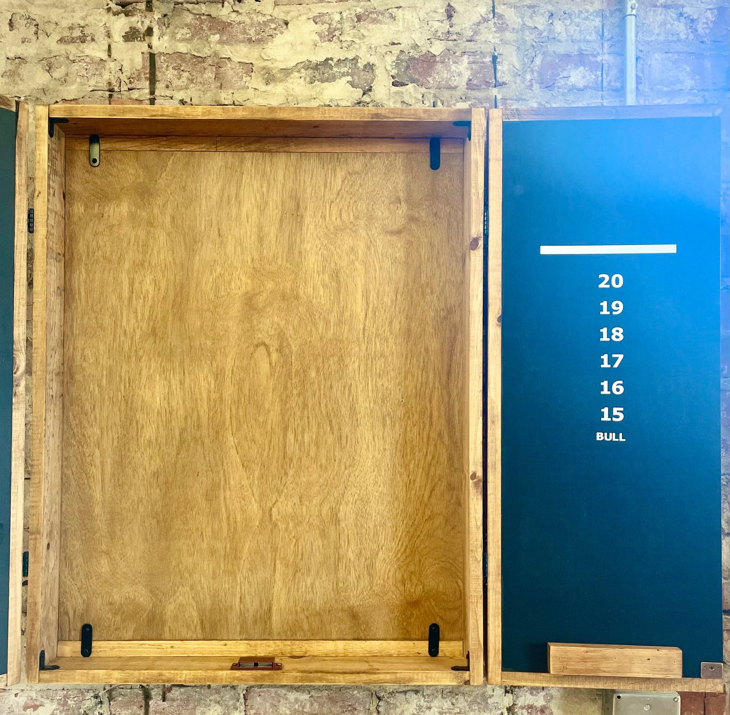 Electronic Dartboard Cabinet - Rustic Blue Sky w/ Trees and Bigfoot Mountain Art 33”x26”-Rustic Cabinet -Game Room/Man Cave Art Home Decor