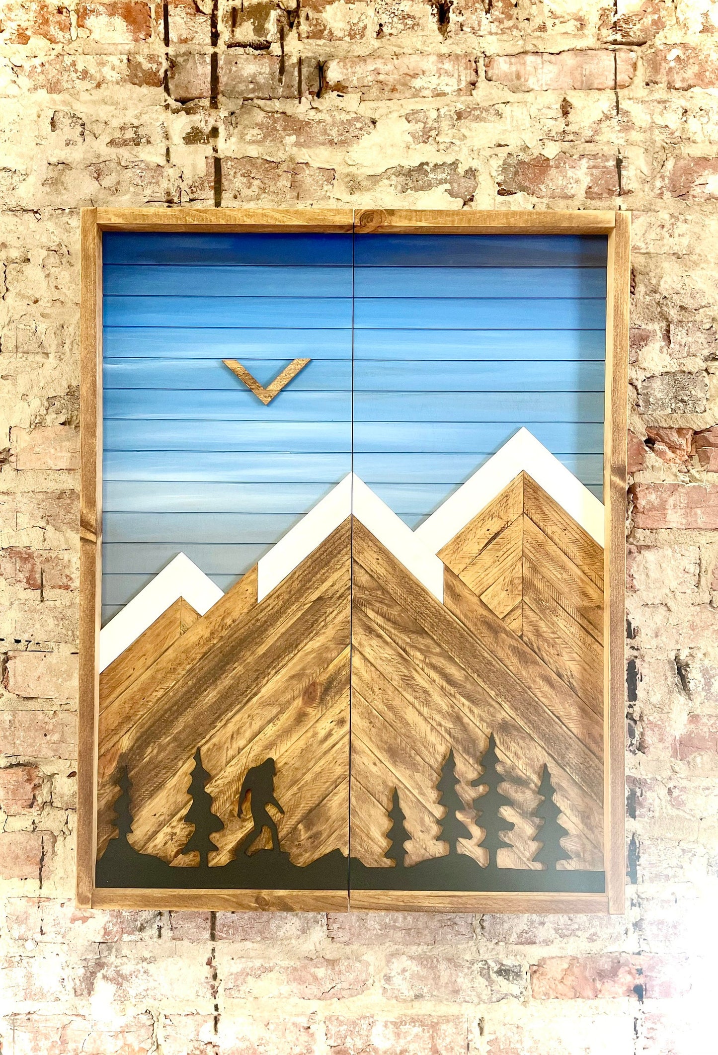 Electronic Dartboard Cabinet - Rustic Blue Sky w/ Trees and Bigfoot Mountain Art 33”x26”-Rustic Cabinet -Game Room/Man Cave Art Home Decor
