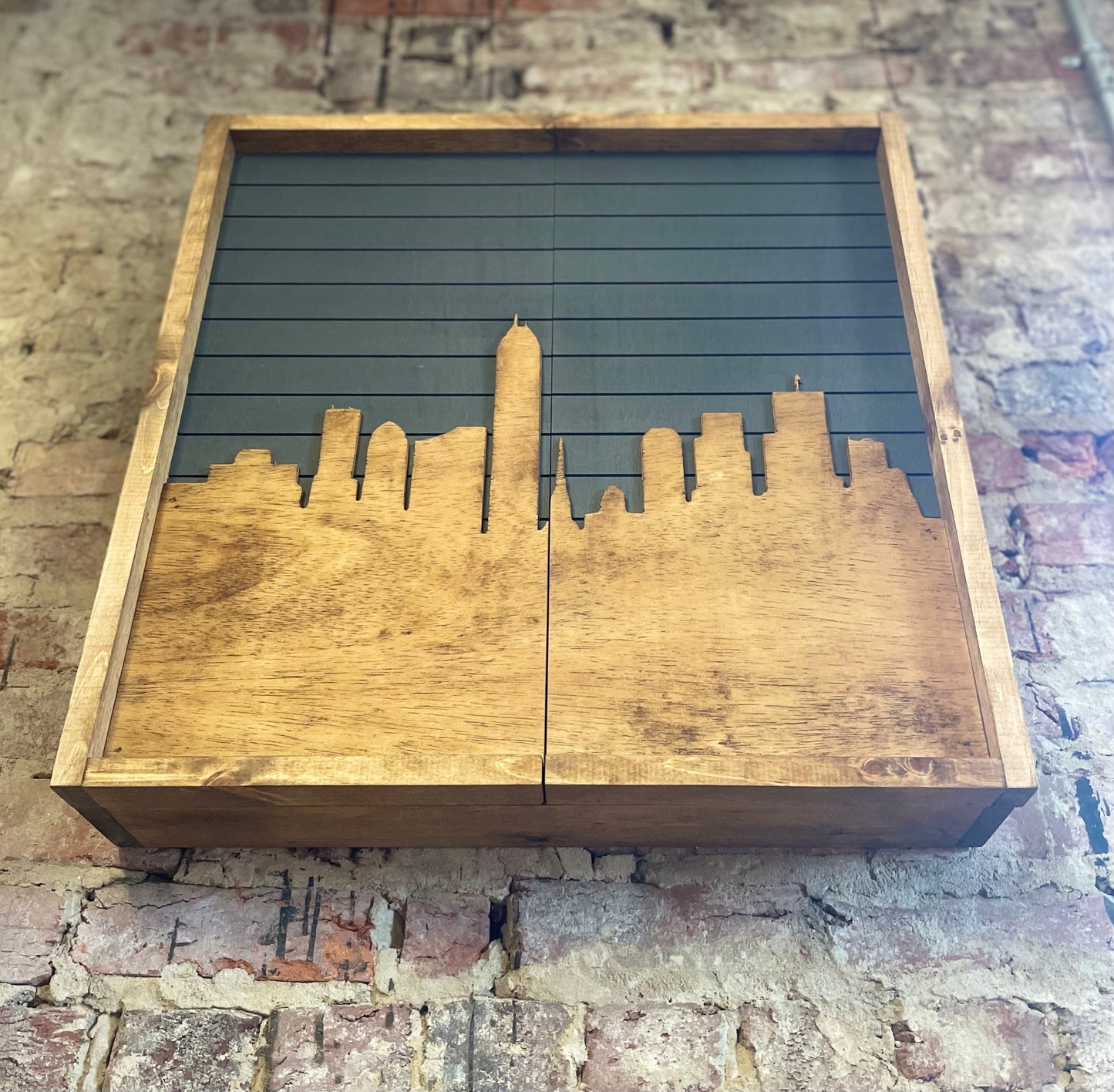 Rustic Dartboard Cabinet - Rustic City Skyline Art 24”x24” - Carbon Sky- Rustic Cabinet - Game Room / Man Cave Art - Wall Decor - Cabinet