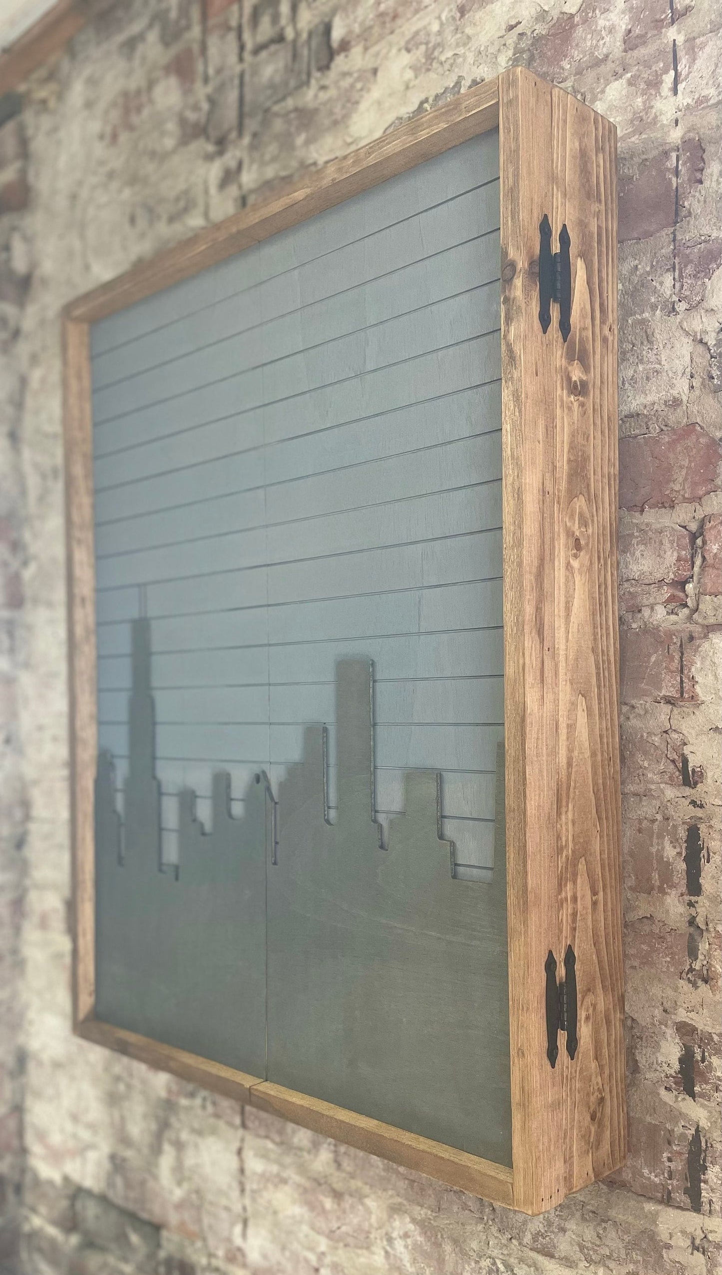 Rustic Gray City Skyline Electronic Dartboard Cabinet - Cityscape- 33”x26” - -Rustic Cabinet - Game Room / Man Cave Art