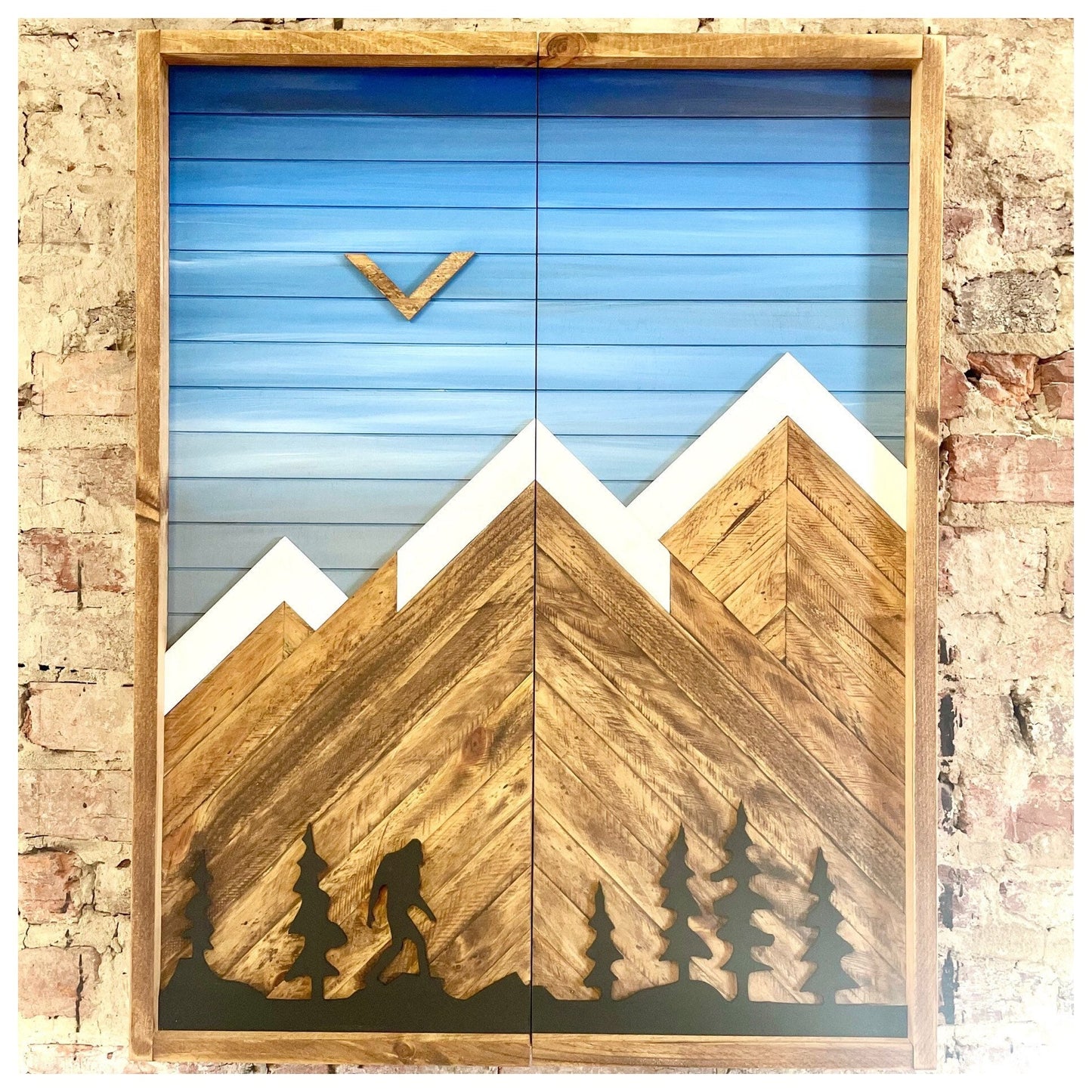 Electronic Dartboard Cabinet - Rustic Blue Sky w/ Trees and Bigfoot Mountain Art 33”x26”-Rustic Cabinet -Game Room/Man Cave Art Home Decor