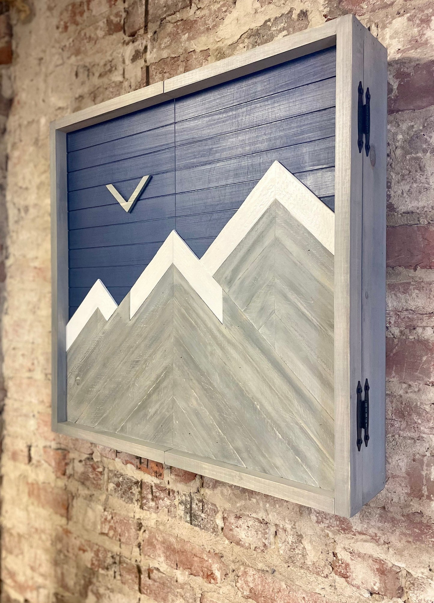 Rustic Dartboard Cabinet - Rustic Gray & Navy Mountain Art 24”x24” - Rustic Cabinet - Game Room / Man Cave Art - Wall Decor - Cabinet
