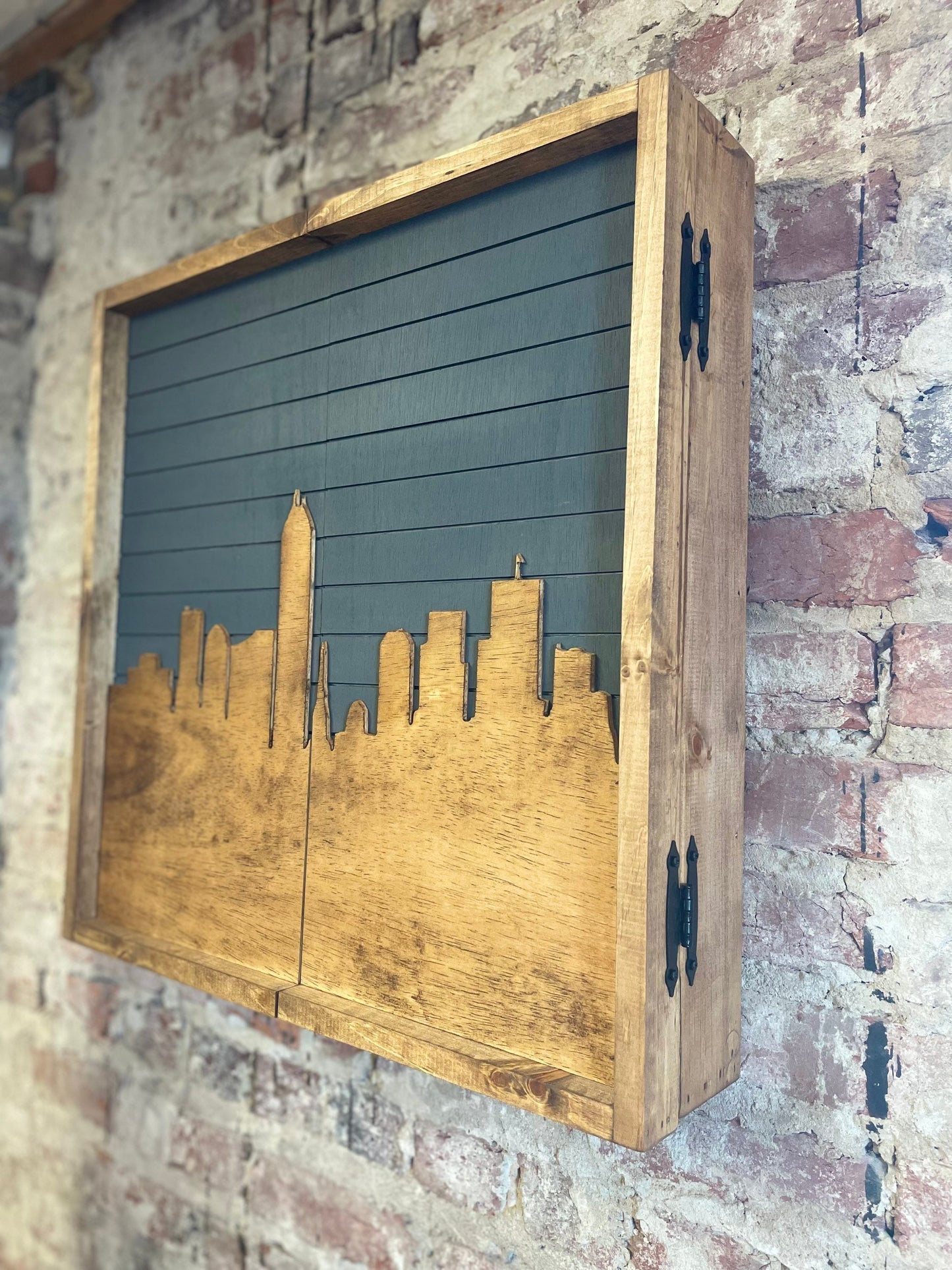 Rustic Dartboard Cabinet - Rustic City Skyline Art 24”x24” - Carbon Sky- Rustic Cabinet - Game Room / Man Cave Art - Wall Decor - Cabinet
