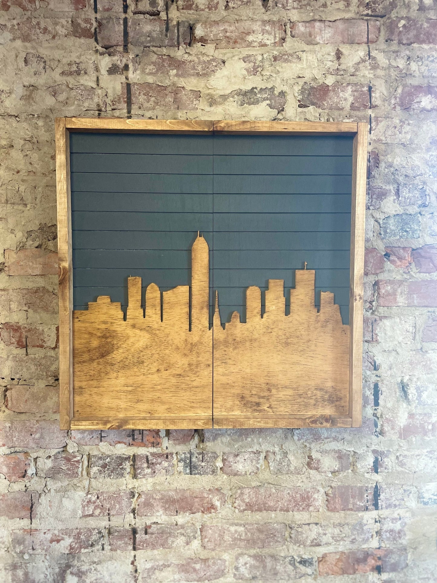 Rustic Dartboard Cabinet - Rustic City Skyline Art 24”x24” - Carbon Sky- Rustic Cabinet - Game Room / Man Cave Art - Wall Decor - Cabinet
