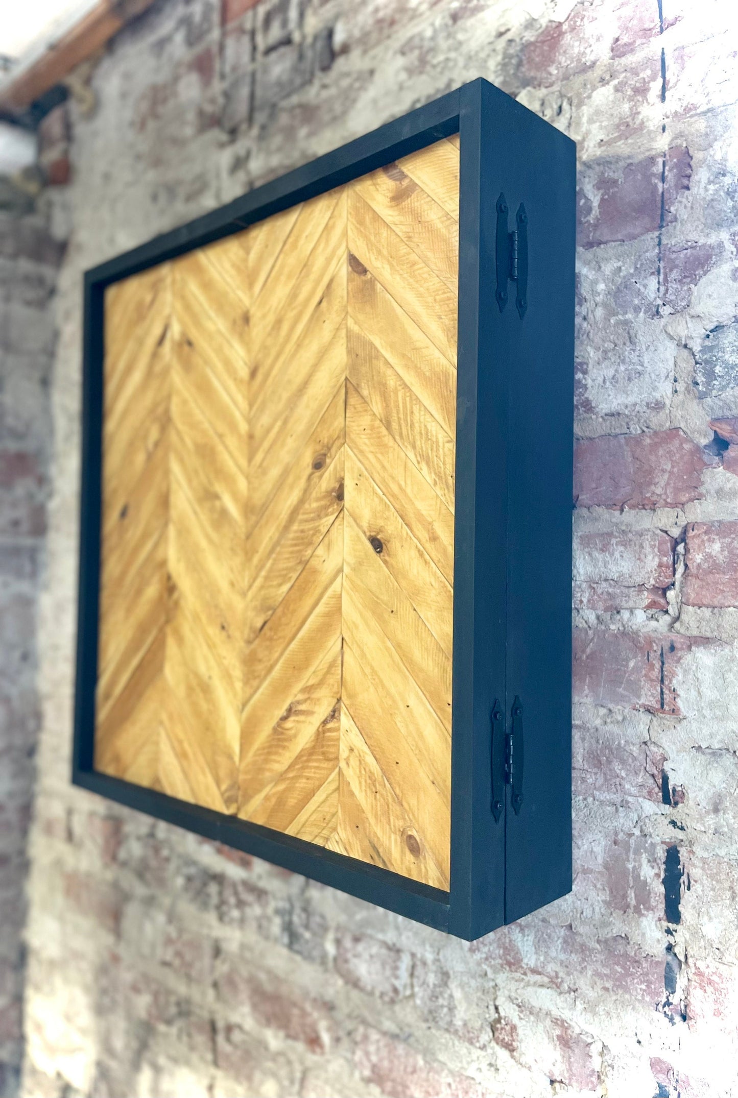 Rustic Dartboard Cabinet 24”x24” - Rustic Oak Chevron Design Rustic Cabinet - Wall Decor - Modern art - Modern dartboard cabinet