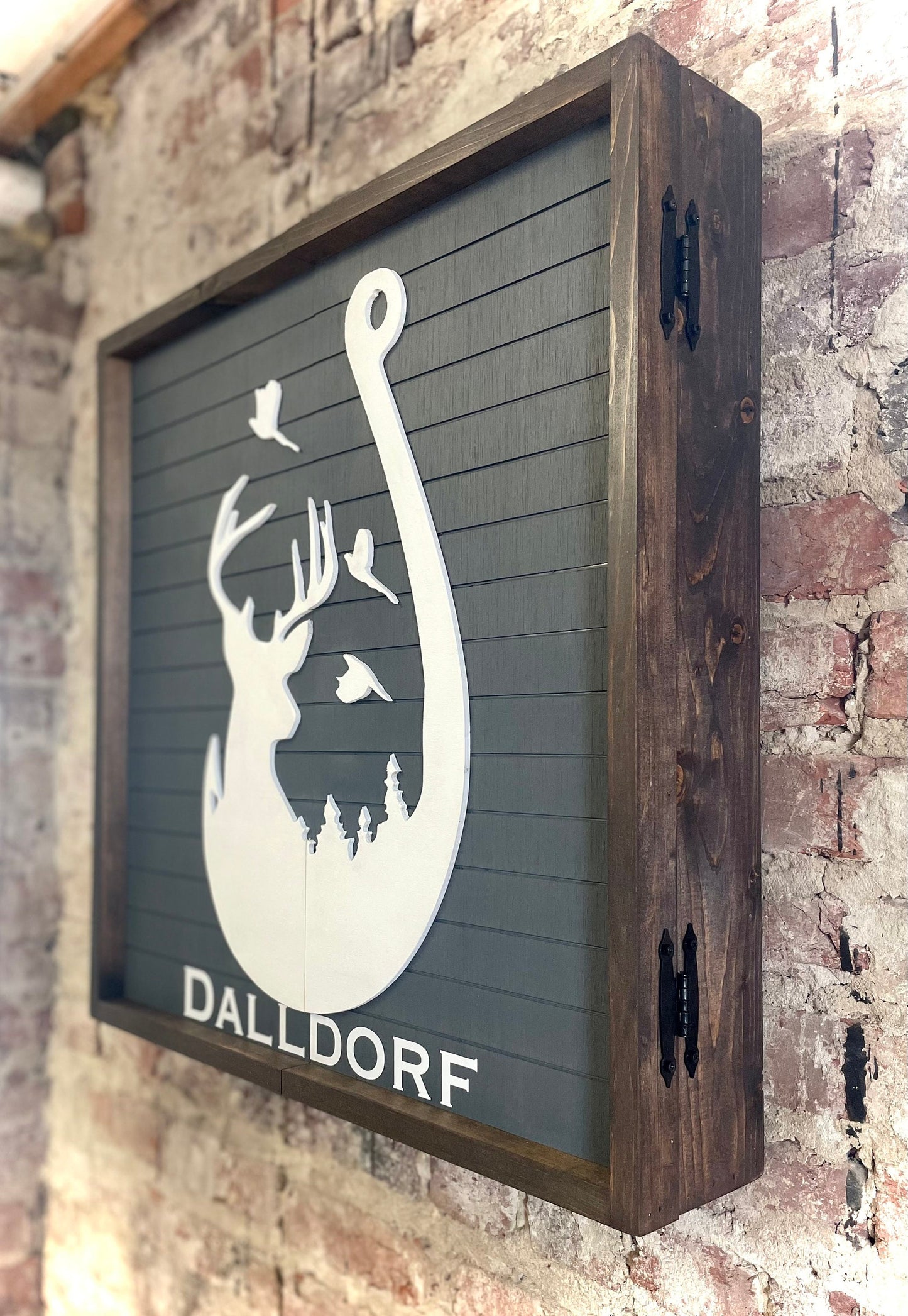 Rustic Dartboard Cabinet -Rustic Deer Hook w/ Trees Mountain Art 24”x24” - Rustic Cabinet - Game Room / Man Cave Art - Wall Decor - Cabinet