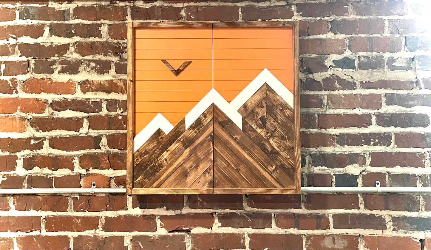 Rustic Dartboard Cabinet - Rustic Orange Mountain Art  24”x24” - Rustic Cabinet - Game Room / Man Cave Art - Wall Decor - Cabinet