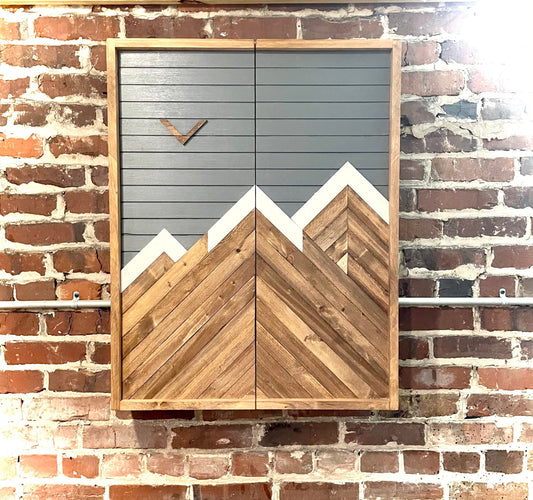 Rustic Gray Electronic Dartboard Cabinet - Rustic Gray Mountain Art  33”x26” - -Rustic Cabinet - Game Room / Man Cave Art