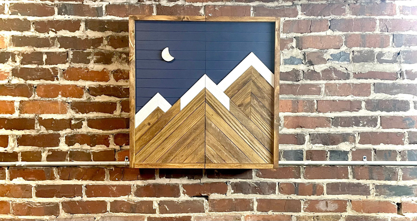 Rustic Navy Moon Electronic Dartboard Cabinet - Rustic Navy Moon Mountain Art  33”x26” - -Rustic Cabinet - Game Room / Man Cave Art