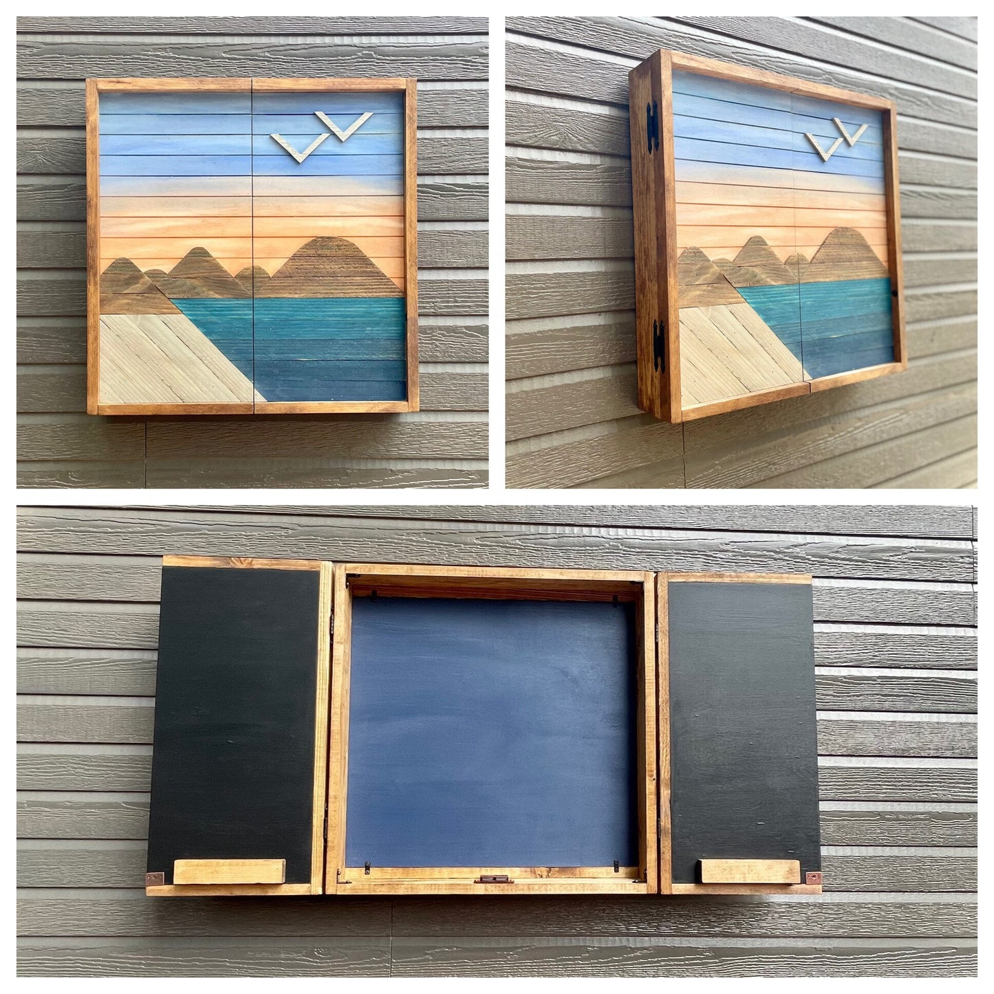 Rustic Dartboard Cabinet - Mountains Meet the Sea - Rustic Cabinet - 24”x24” - Game Room / Man Cave Art - Wall Decor