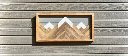 Rustic Wood Art- Wall Decor- Gray Background - 12" X 24" - Rustic Mountain Tops - Mountain Wood wall art - Handmade Wood Wall Art