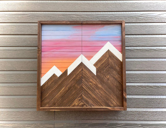 Rustic Dartboard Cabinet - Rustic Mountain Sunset-Dark Walnut Art 24”x24”- Rustic Cabinet - Game Room / Man Cave Art - Wall Decor - Cabinet