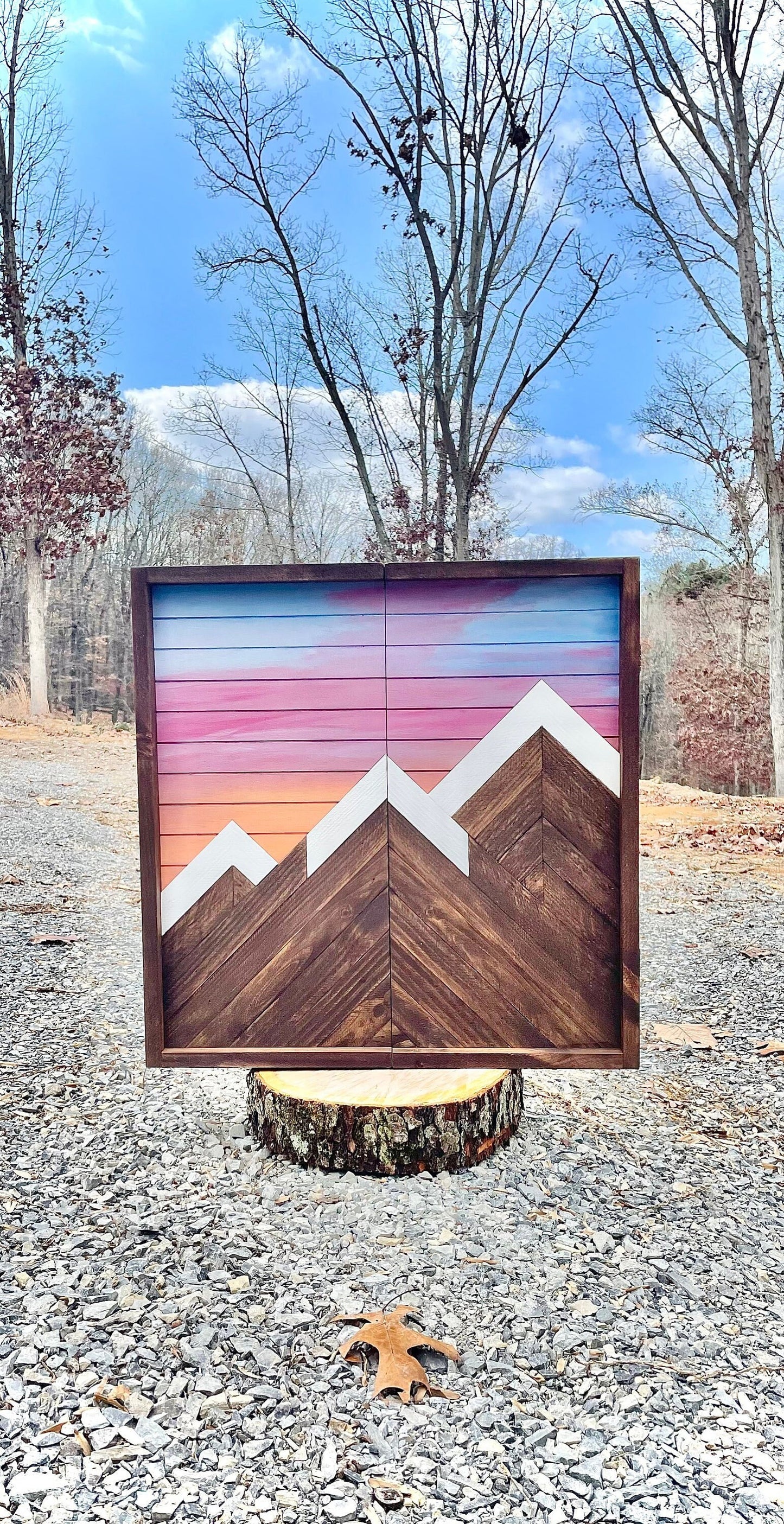 Rustic Dartboard Cabinet - Rustic Mountain Sunset-Dark Walnut Art  24”x24”- Rustic Cabinet - Game Room / Man Cave Art - Wall Decor - Cabinet