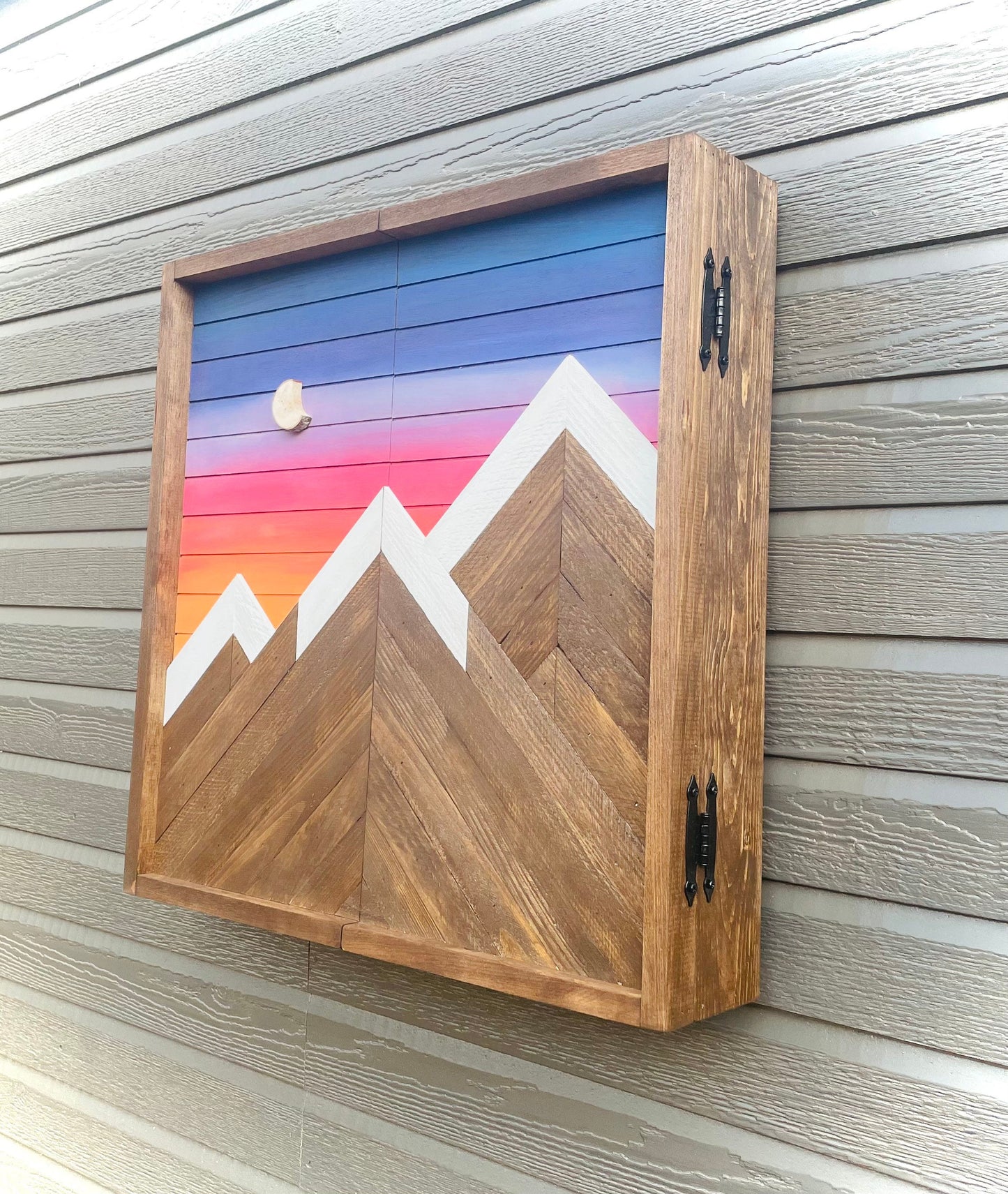 Rustic Dartboard Cabinet - Rustic Mountain Moonrise Art  24”x24” - Rustic Cabinet - Game Room / Man Cave Art - Wall Decor - Cabinet