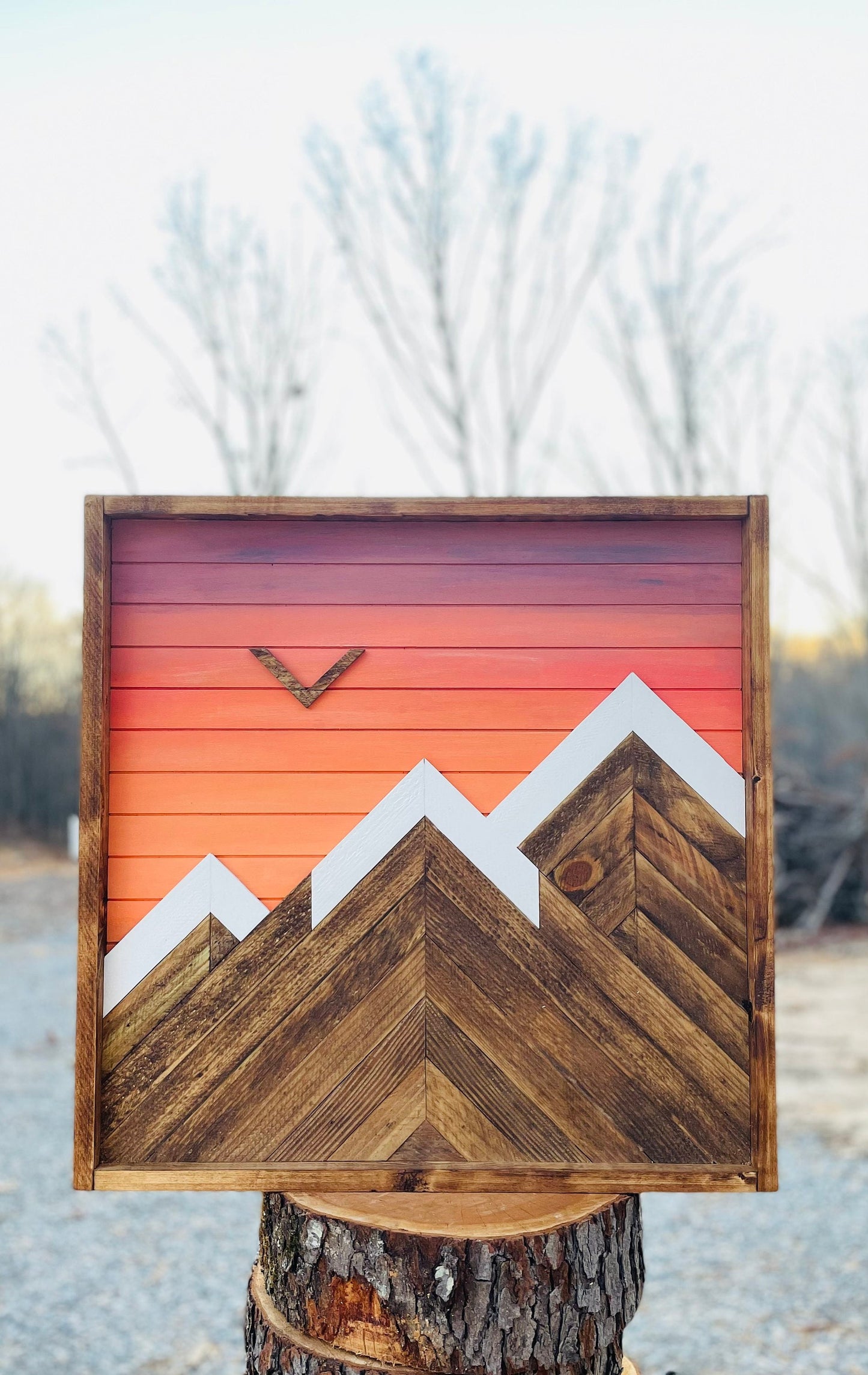 Rustic Dartboard Cabinet - Rustic Mountain Orange Sunset Art  24”x24” - Rustic Cabinet - Game Room / Man Cave Art - Wall Decor - Cabinet