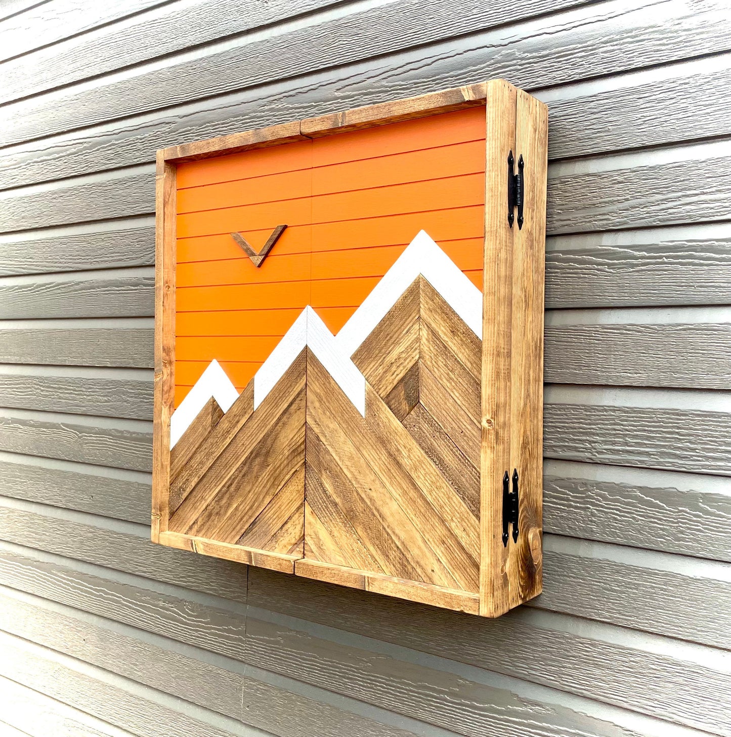 Rustic Dartboard Cabinet - Rustic Orange Mountain Art  24”x24” - Rustic Cabinet - Game Room / Man Cave Art - Wall Decor - Cabinet