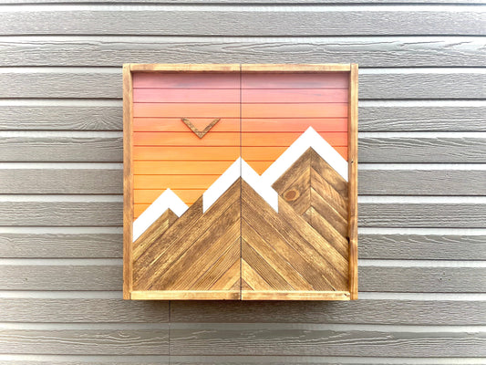 Rustic Dartboard Cabinet - Rustic Mountain Orange Sunset Art  24”x24” - Rustic Cabinet - Game Room / Man Cave Art - Wall Decor - Cabinet