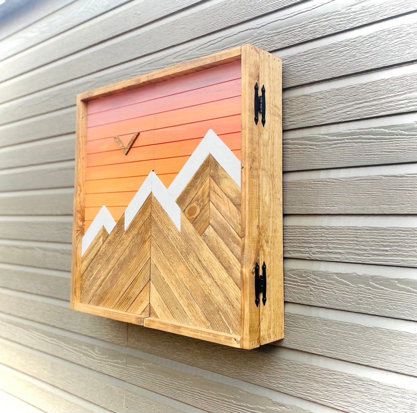 Rustic Dartboard Cabinet - Rustic Mountain Orange Sunset Art  24”x24” - Rustic Cabinet - Game Room / Man Cave Art - Wall Decor - Cabinet