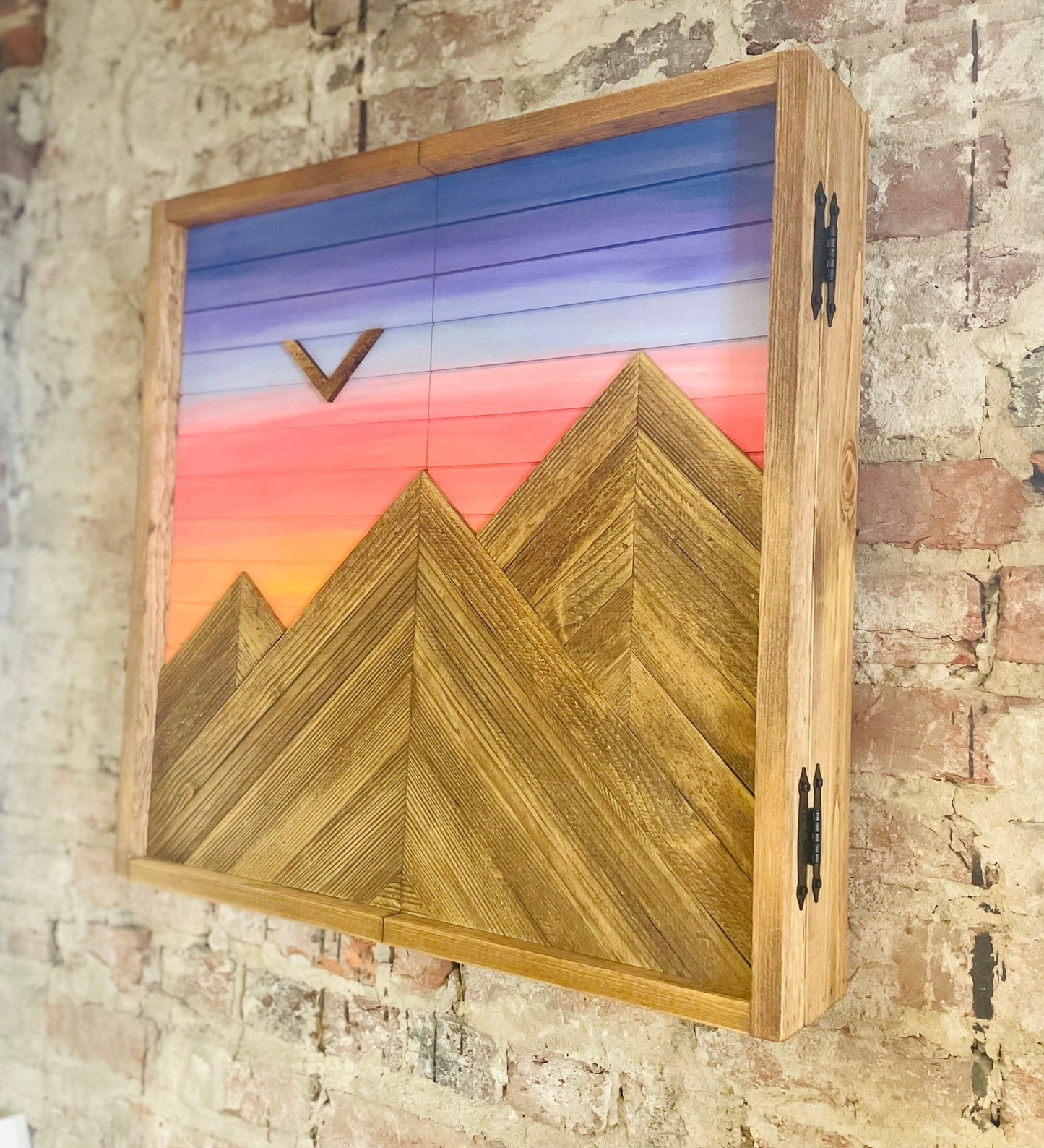 Rustic Dartboard Cabinet - Rustic Mountain Moonrise Art  24”x24” - Rustic Cabinet - Game Room / Man Cave Art - Wall Decor - Cabinet