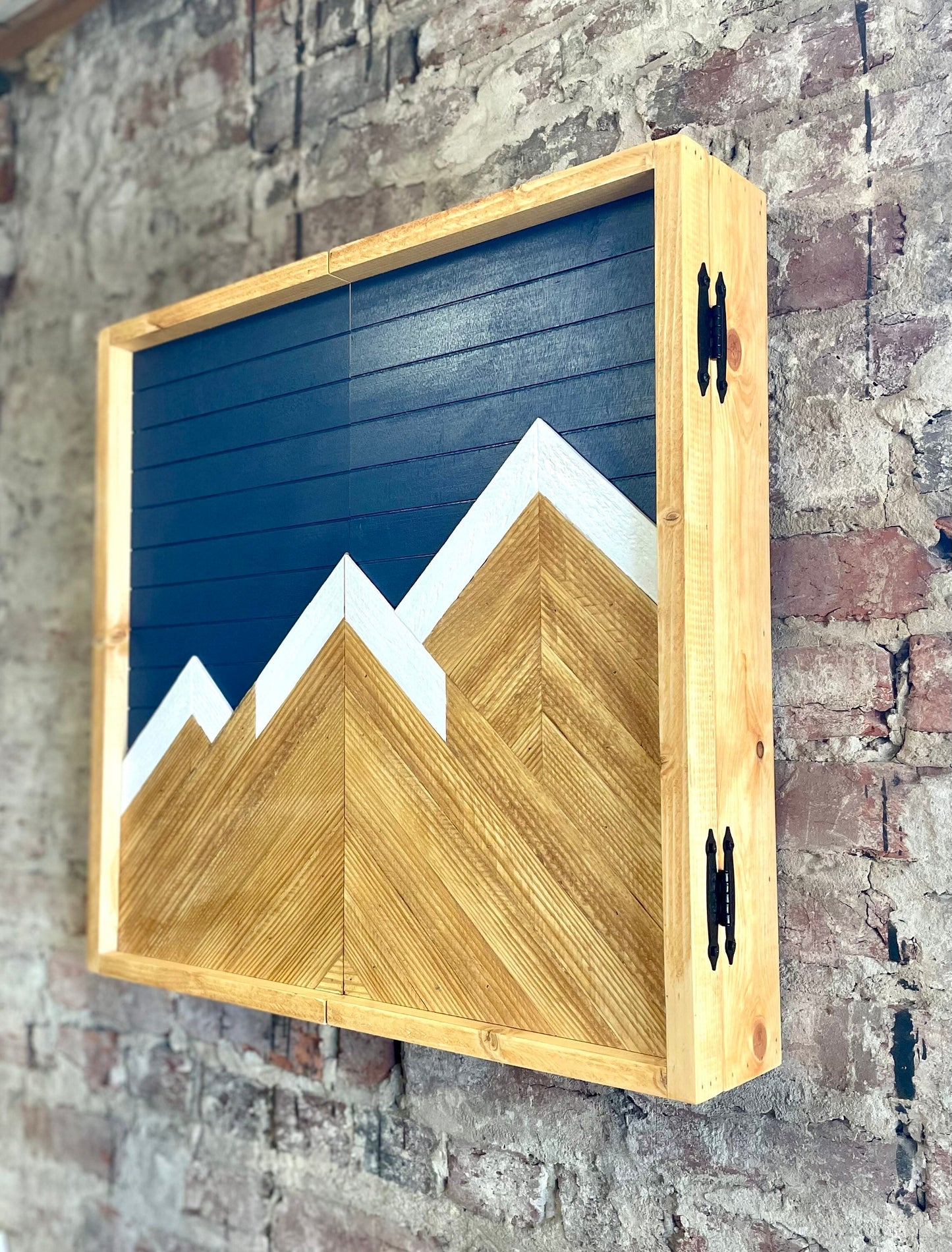 Rustic Dartboard Cabinet - Rustic Navy & Oak -Mountain Art  24”x24” - Rustic Cabinet - Game Room / Man Cave Art - Wall Decor - Cabinet