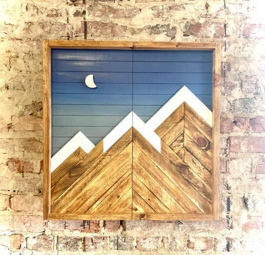 Rustic Dartboard Cabinet - Rustic Blue Shade w/Moon Mountain Art 26”x26”- Rustic Cabinet - Game Room / Man Cave Art - Wall Decor - Cabinet