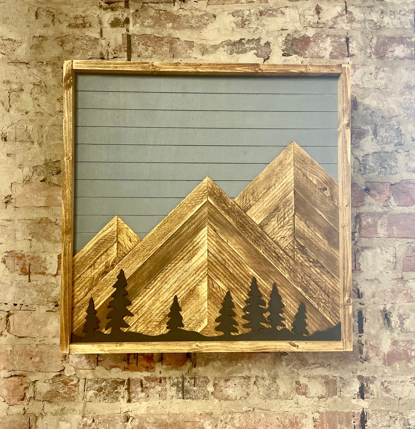 Rustic Dartboard Cabinet - Rustic Gray w/ Trees Mountain Art  24”x24” - Rustic Cabinet - Game Room / Man Cave Art - Wall Decor - Cabinet