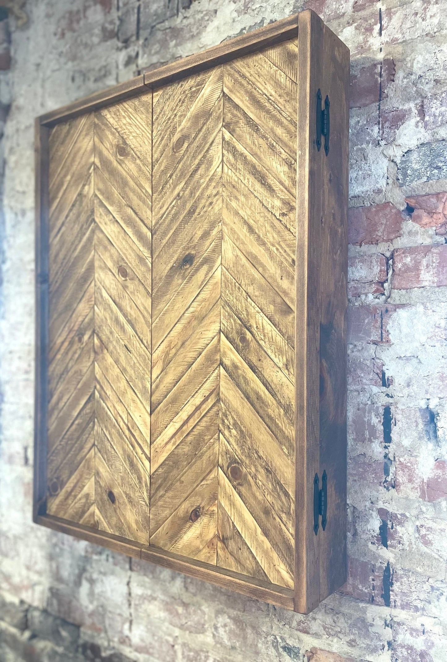 Rustic Electronic Dartboard Cabinet - Chevron Design - Rustic Cabinet - 33” x 26” - Game Room / Man Cave Art - Wall Decor