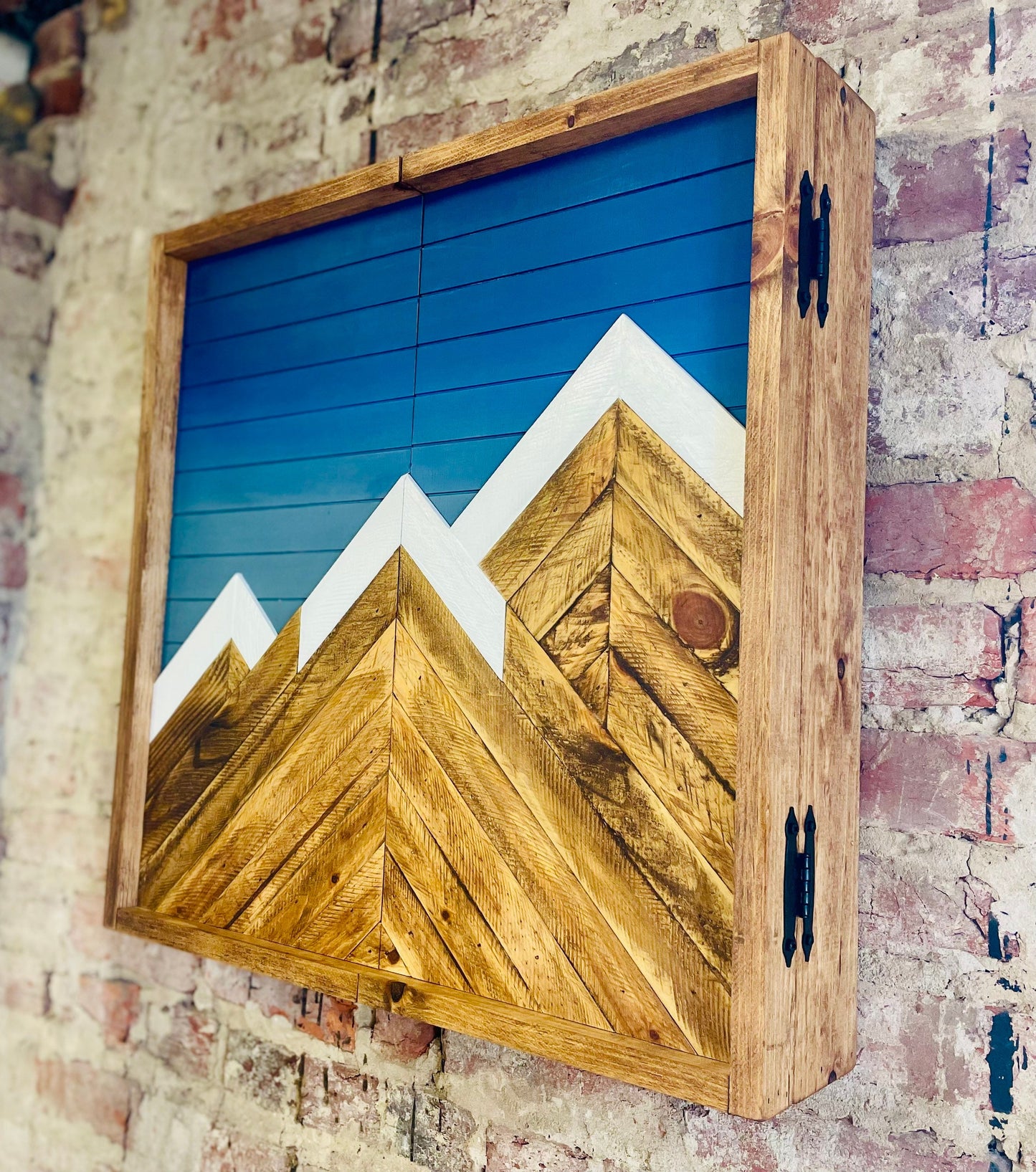 Rustic Dartboard Cabinet - Rustic Blue Shade w/Moon Mountain Art  26”x26”- Rustic Cabinet - Game Room / Man Cave Art - Wall Decor - Cabinet