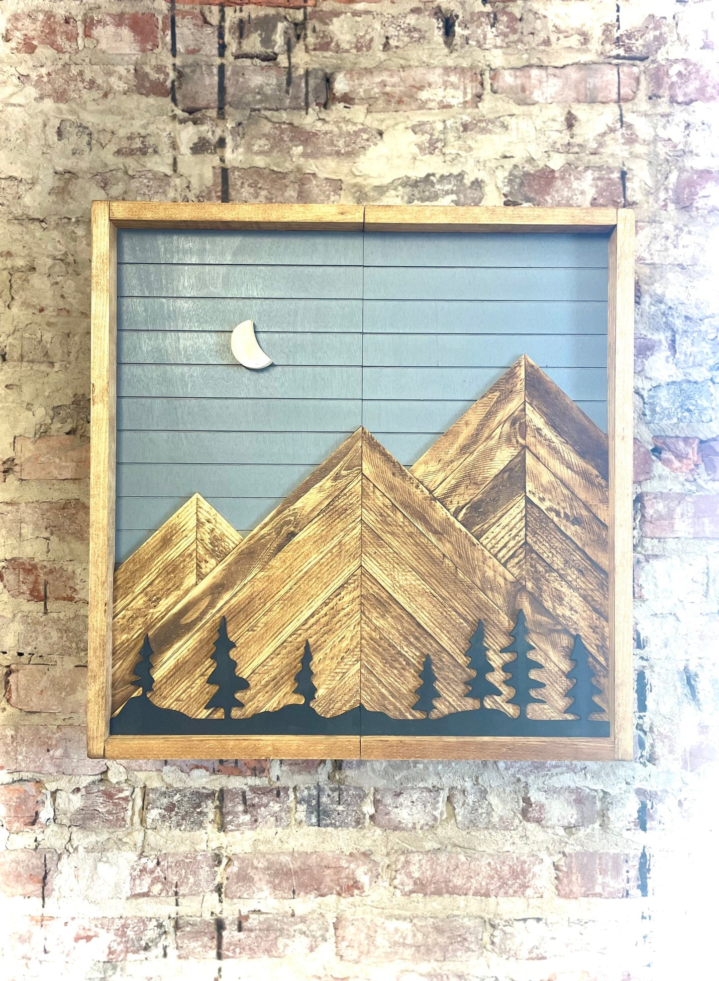 Rustic Dartboard Cabinet - Rustic Gray w/ Trees Mountain Art  24”x24” - Rustic Cabinet - Game Room / Man Cave Art - Wall Decor - Cabinet