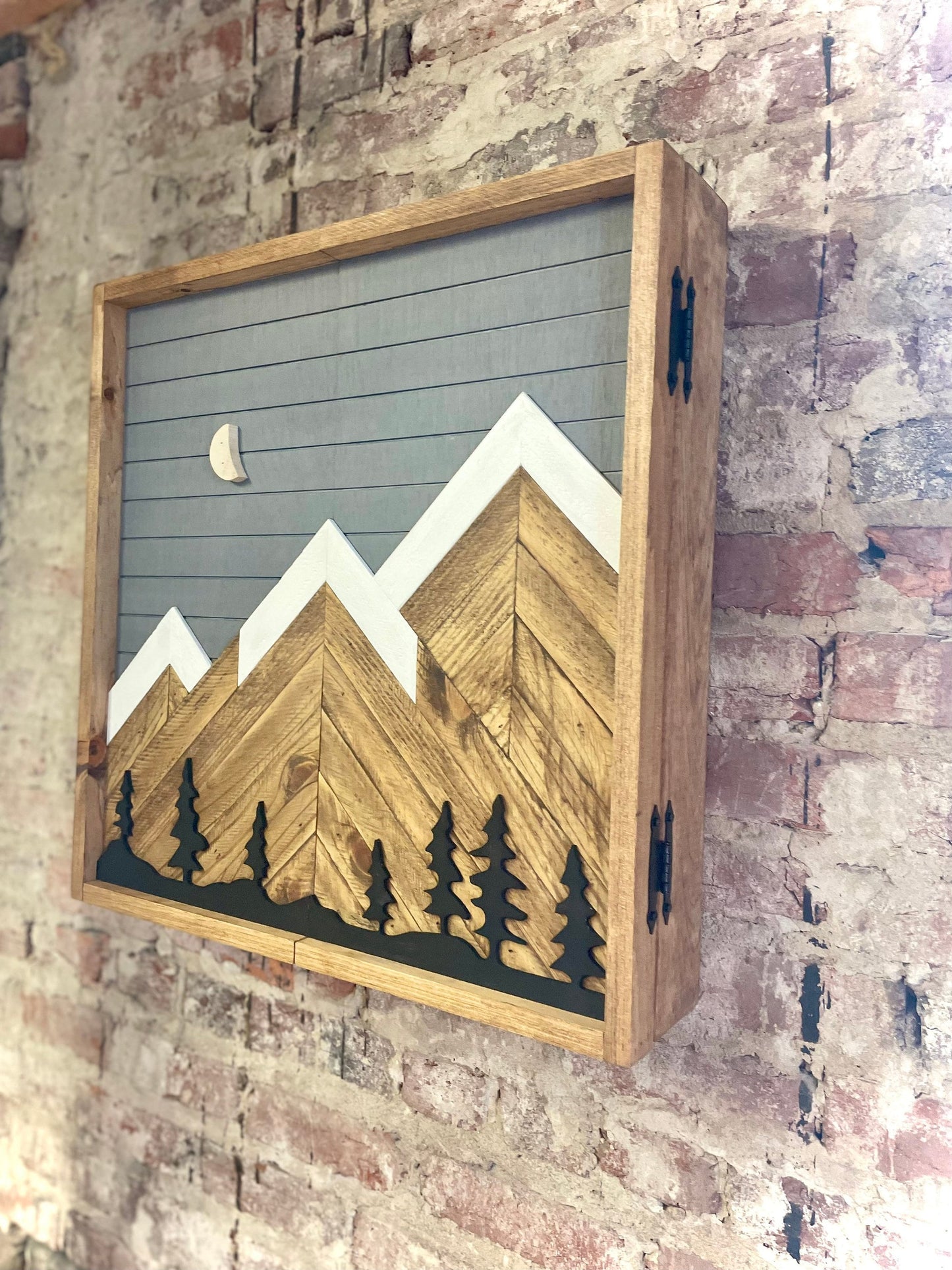 Rustic Dartboard Cabinet - Rustic Gray w/ Trees Mountain Art  24”x24” - Rustic Cabinet - Game Room / Man Cave Art - Wall Decor - Cabinet