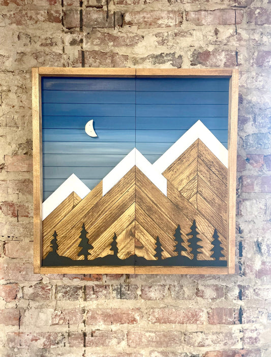 Rustic Dartboard Cabinet - Rustic Blue Sky w/ Trees Mountain Art  24”x24” - Rustic Cabinet - Game Room / Man Cave Art - Wall Decor - Cabinet