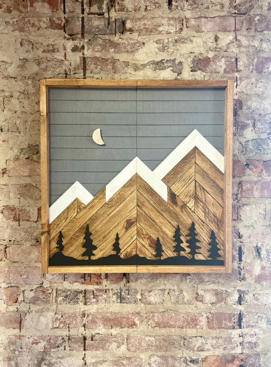 Rustic Dartboard Cabinet - Rustic Gray w/ Trees Mountain Art  24”x24” - Rustic Cabinet - Game Room / Man Cave Art - Wall Decor - Cabinet