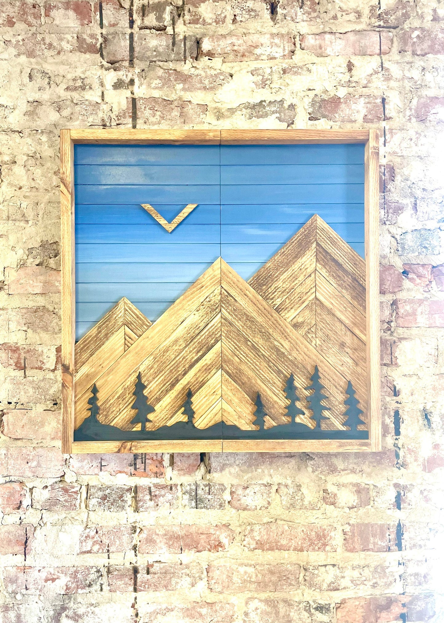 Rustic Dartboard Cabinet - Rustic Blue Sky w/ Trees Mountain Art  26”x26” - Rustic Cabinet - Game Room / Man Cave Art - Wall Decor - Cabinet