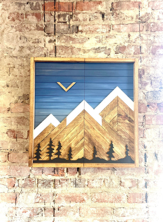 Rustic Dartboard Cabinet - Rustic Blue Sky w/ Trees Mountain Art  26”x26” - Rustic Cabinet - Game Room / Man Cave Art - Wall Decor - Cabinet