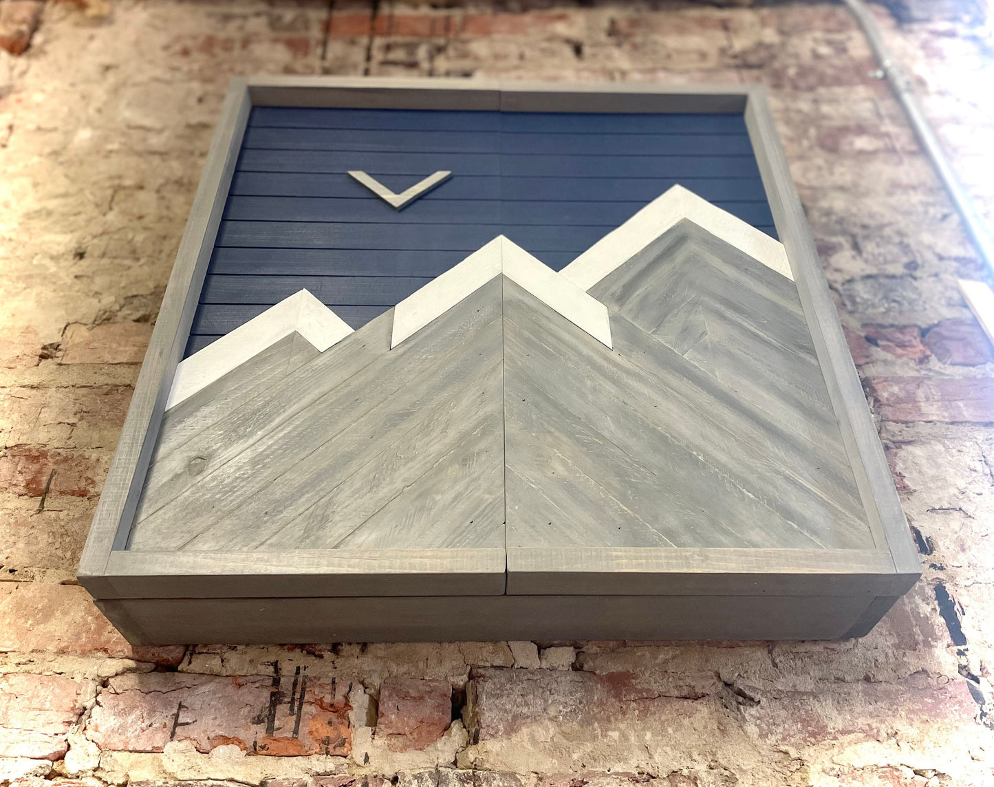 Rustic Dartboard Cabinet - Rustic Gray & Navy Mountain Art  24”x24” - Rustic Cabinet - Game Room / Man Cave Art - Wall Decor - Cabinet