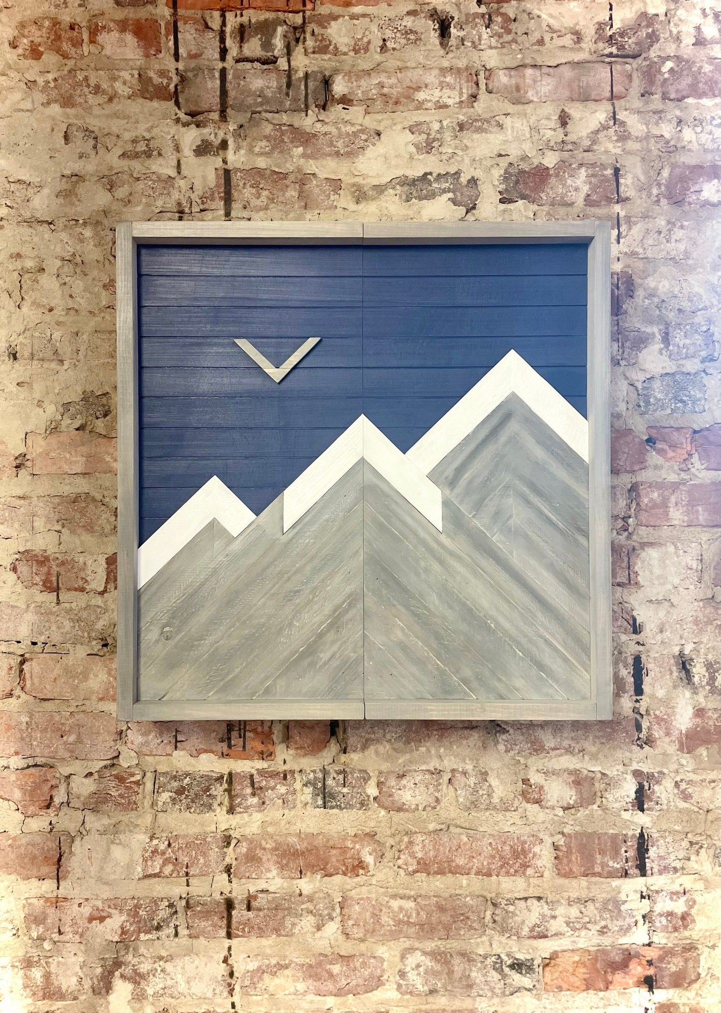 Rustic Dartboard Cabinet - Rustic Gray & Navy Mountain Art  24”x24” - Rustic Cabinet - Game Room / Man Cave Art - Wall Decor - Cabinet