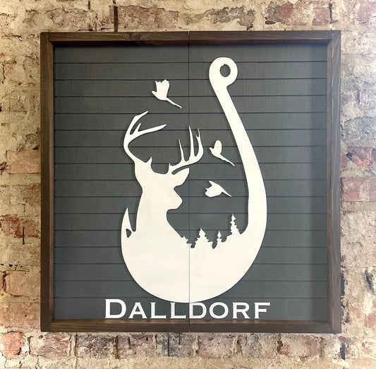 Rustic Dartboard Cabinet -Rustic Deer Hook w/ Trees Mountain Art  24”x24” - Rustic Cabinet - Game Room / Man Cave Art - Wall Decor - Cabinet