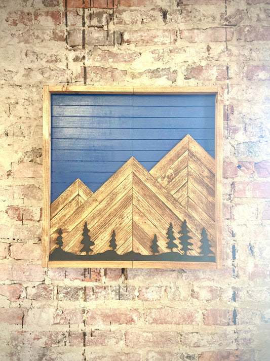 Rustic Dartboard Cabinet - Rustic Navy Sky w/ Trees Mountain Art  24”x24” - Rustic Cabinet - Game Room / Man Cave Art - Wall Decor - Cabinet