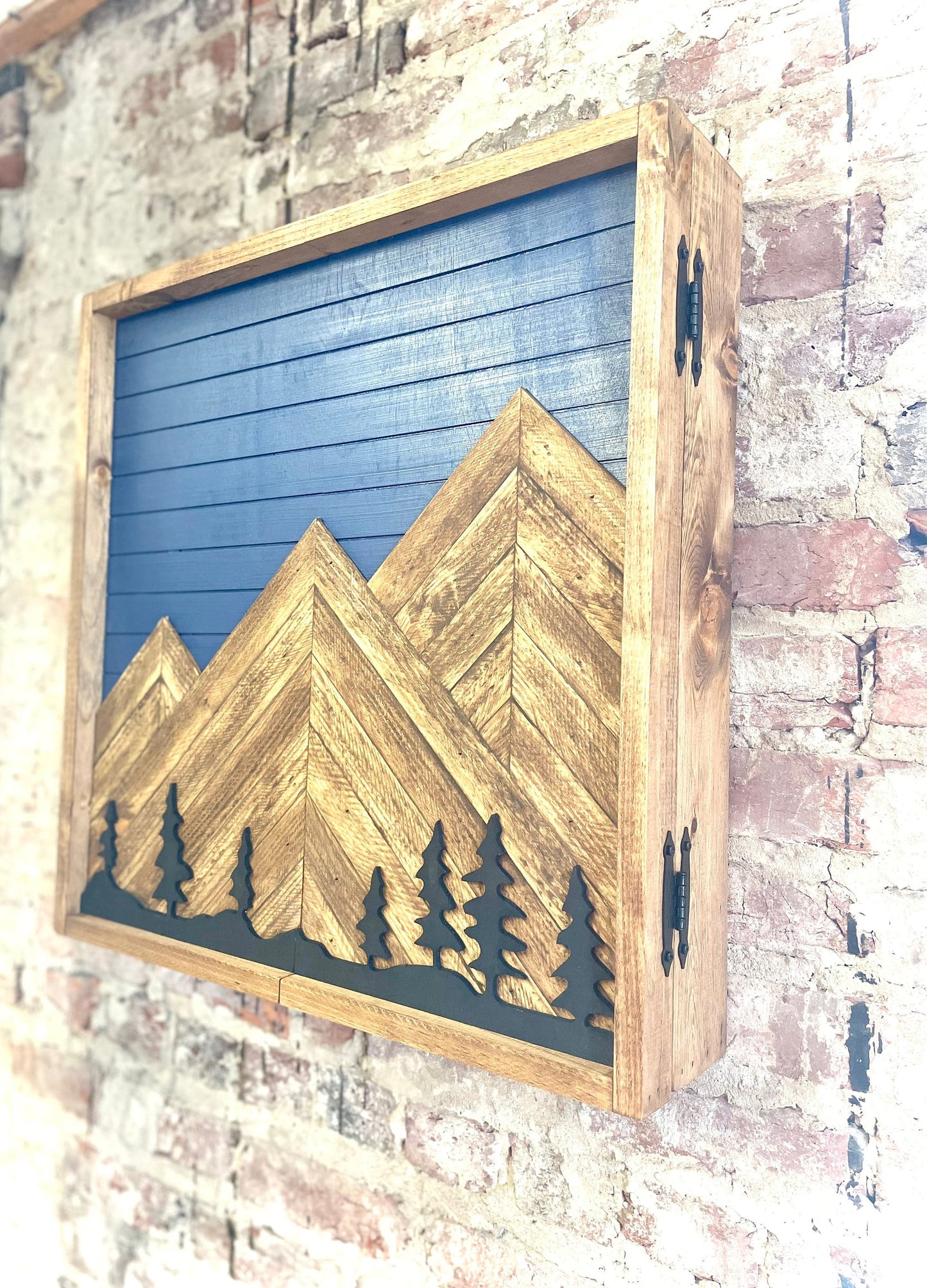 Rustic Dartboard Cabinet - Rustic Navy Sky w/ Trees Mountain Art  24”x24” - Rustic Cabinet - Game Room / Man Cave Art - Wall Decor - Cabinet