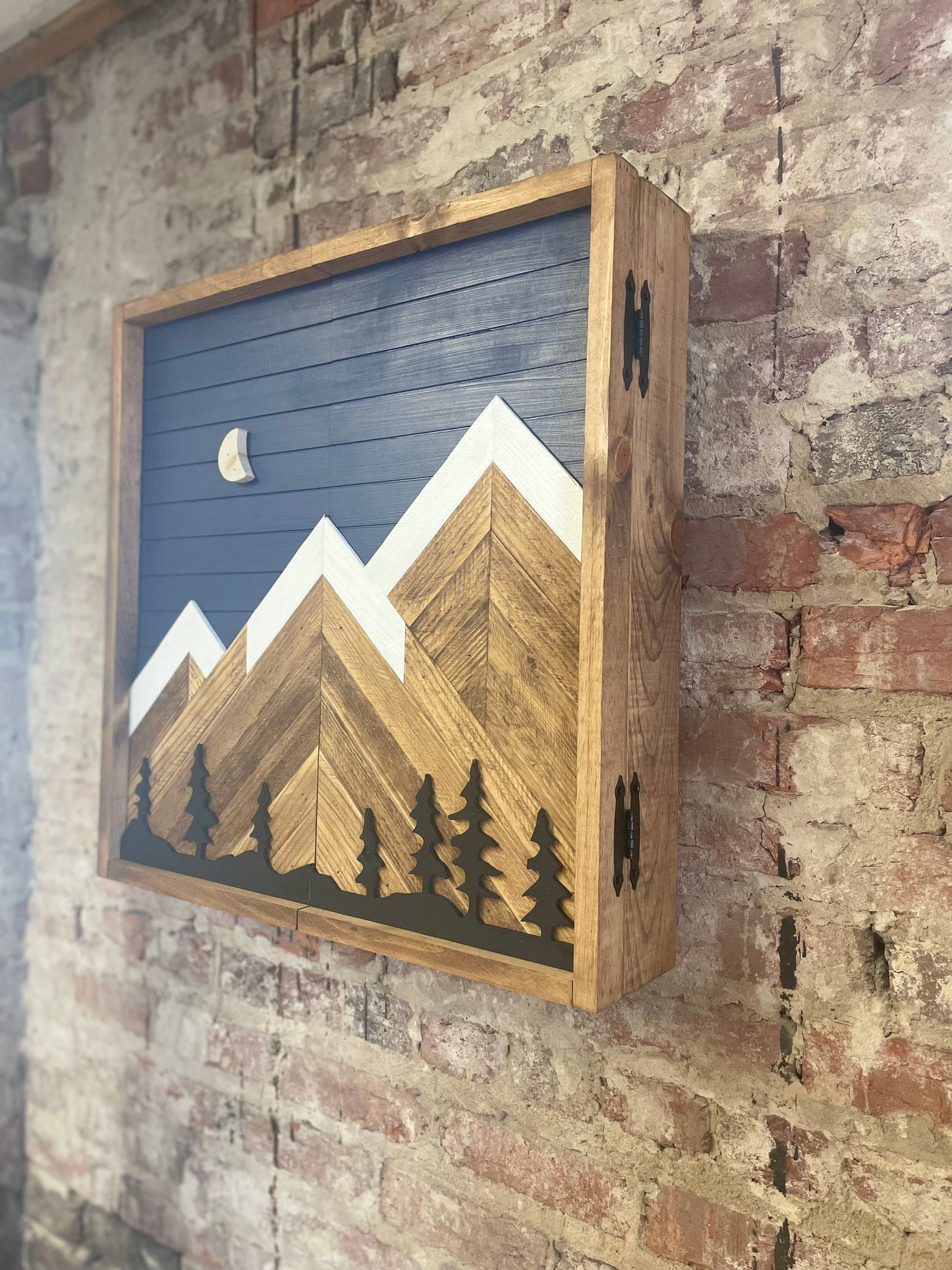 Rustic Dartboard Cabinet - Rustic Navy Sky w/ Trees Mountain Art  24”x24” - Rustic Cabinet - Game Room / Man Cave Art - Wall Decor - Cabinet