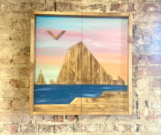 Rustic Dartboard Cabinet 24”x24” - Multicolor Sky Haystack Rock Artwork- Oregon Art- Rustic Cabinet - Gameroom Art - Wall Decor