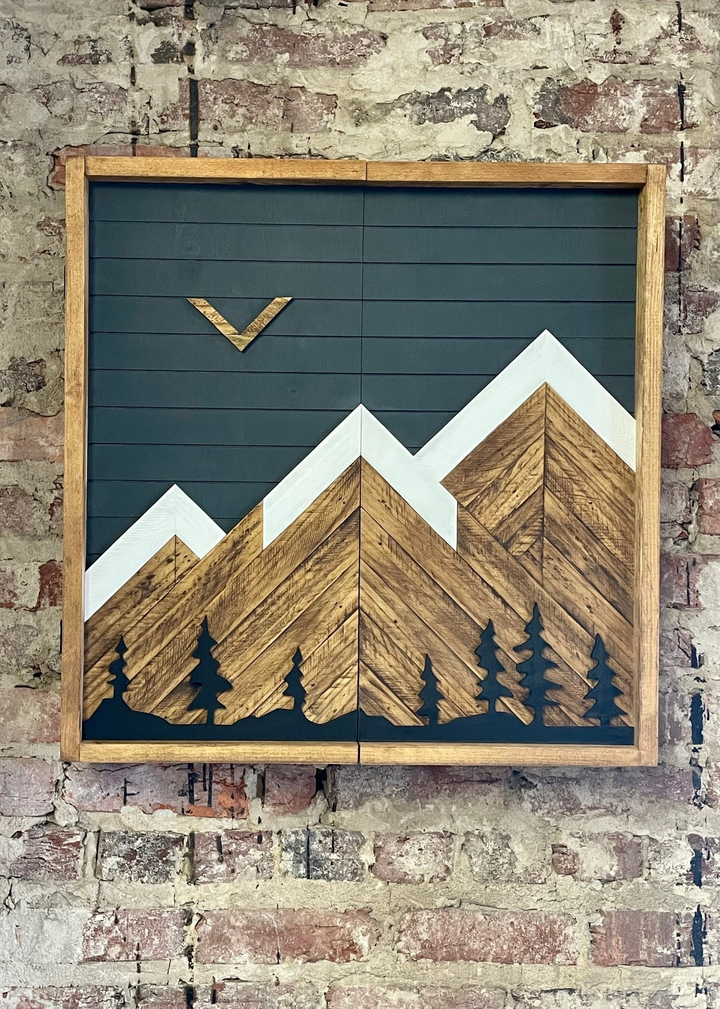 Rustic Dartboard Cabinet - Rustic Carbon w/ Trees Mountain Art  22”x22” - Rustic Cabinet - Game Room / Man Cave Art - Wall Decor - Cabinet