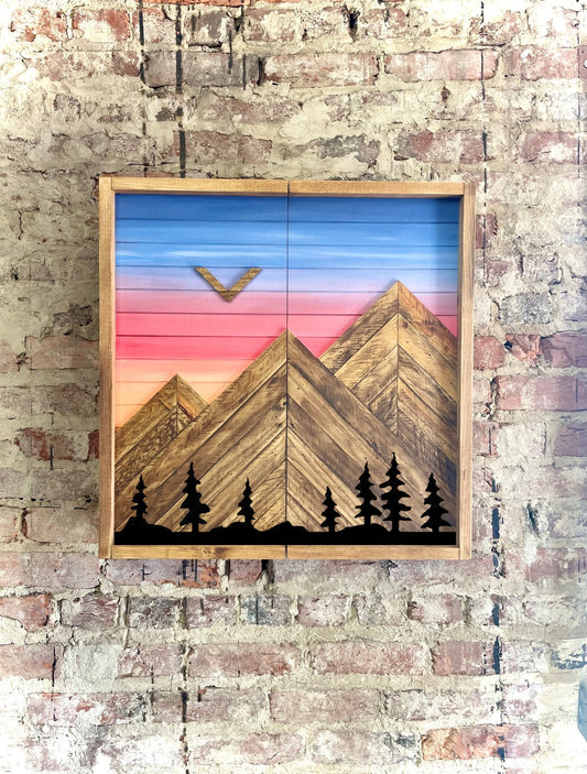 Rustic Dartboard Cabinet - Rustic Mountain Sunset w/ Trees Art 24”x24” - Rustic Cabinet - Game Room / Man Cave Art - Wall Decor - Cabinet