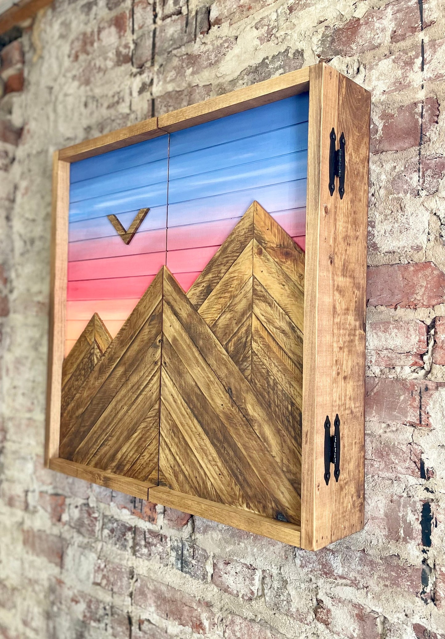 Rustic Dartboard Cabinet - Rustic Mountain Sunset w/ Trees Art  24”x24” - Rustic Cabinet - Game Room / Man Cave Art - Wall Decor - Cabinet