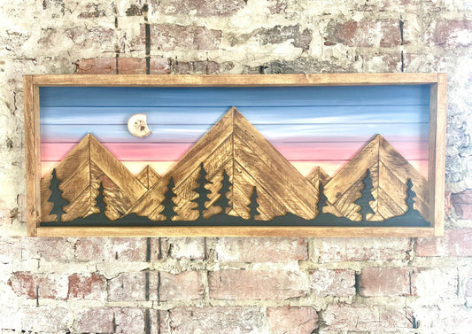 Rustic Multicolor Background w/ Moon & Trees- Rustic Mountain Wood Wall Art-Wall Decor- Night Sky Decor- Home Decor-Wall Art- Rustic Decor