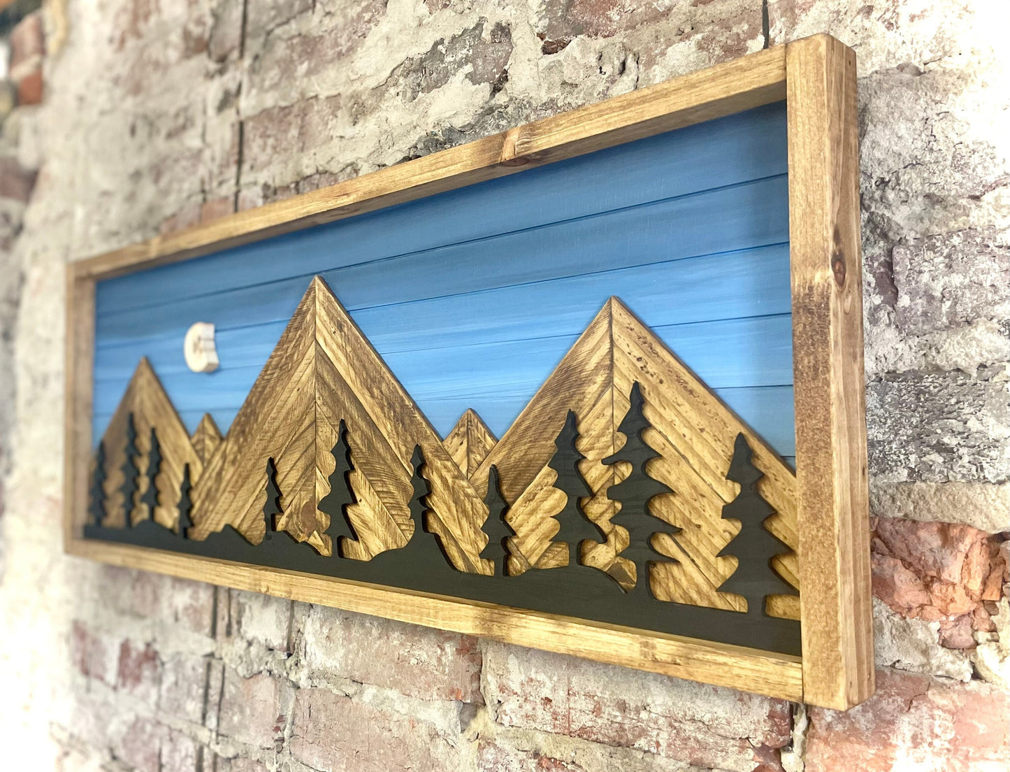 Rustic Blueshade Background w/ Moon & Trees- Rustic Mountain Wood Wall Art-Wall Decor- Night Sky Decor- Home Decor-Wall Art- Rustic Decor