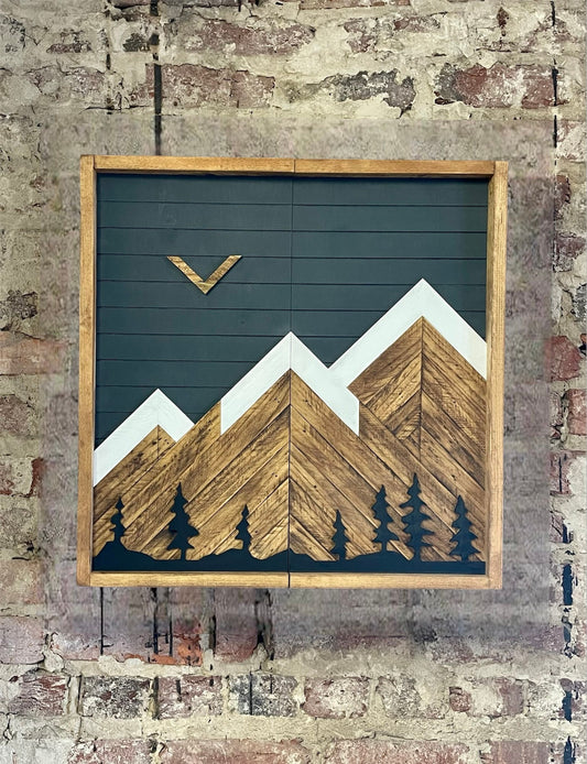 Rustic Dartboard Cabinet - Rustic Carbon w/ Trees Mountain Art  24”x24” - Rustic Cabinet - Game Room / Man Cave Art - Wall Decor - Cabinet