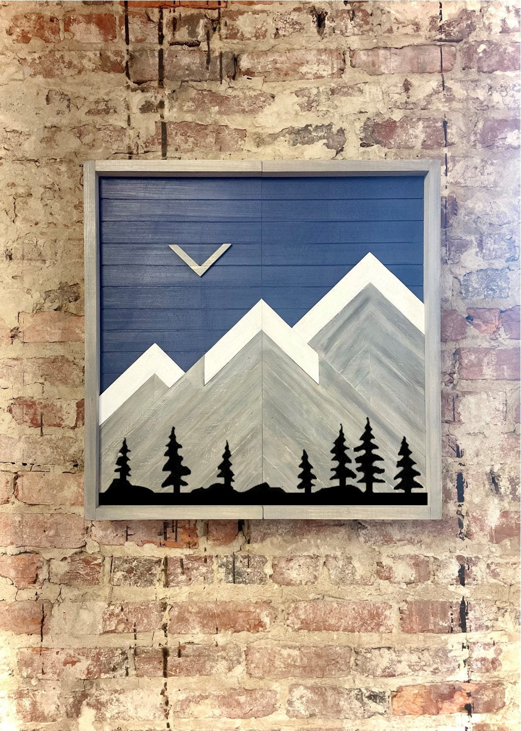 Rustic Dartboard Cabinet-Rustic Navy Sky w/Gray Mountains w/Trees Art  24”x24”- Rustic Cabinet-Game Room/Man Cave Art - Wall Decor - Cabinet