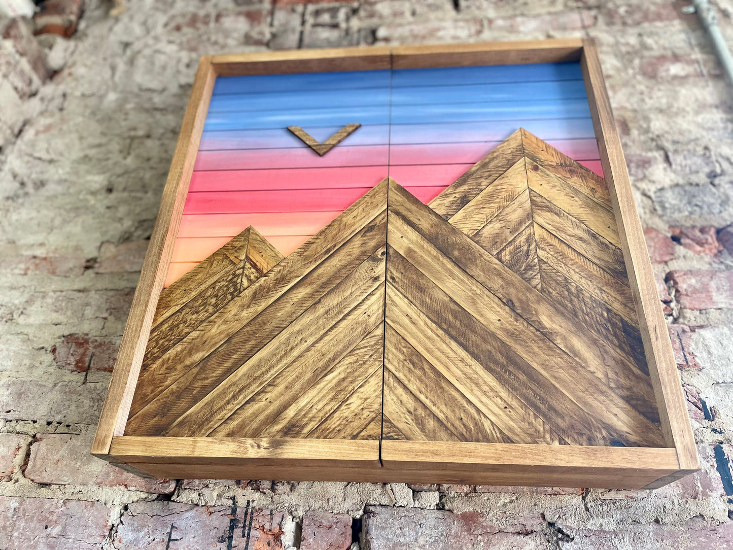 Rustic Dartboard Cabinet - Rustic Mountain Sunset w/ Trees Art  24”x24” - Rustic Cabinet - Game Room / Man Cave Art - Wall Decor - Cabinet