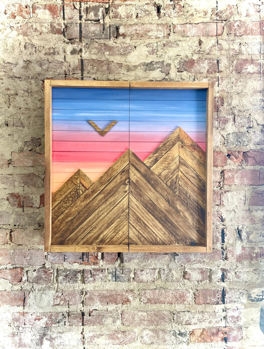 Rustic Dartboard Cabinet - Rustic Mountain Sunset Art  24”x24” - Rustic Cabinet - Game Room / Man Cave Art - Wall Decor - Cabinet